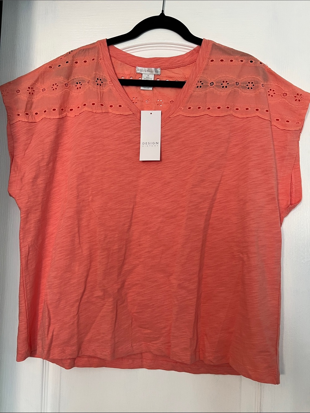 Design History Coral Eyelet Cotton V-Neck Top 1X